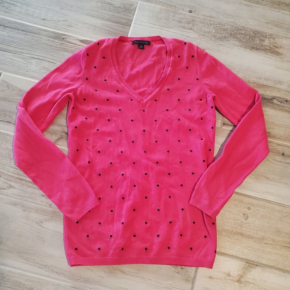 Womens XS TOMMY HILFIGER Hot Pink Logo V-Neck Embroidered Sweater Cotton Blend
